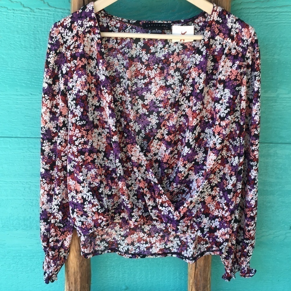 ANTHROPOLOGIE WRAP SURPLICE DARK SMALL FLORAL PRINT LS OVERSIZED TOP SZ SMALL N…